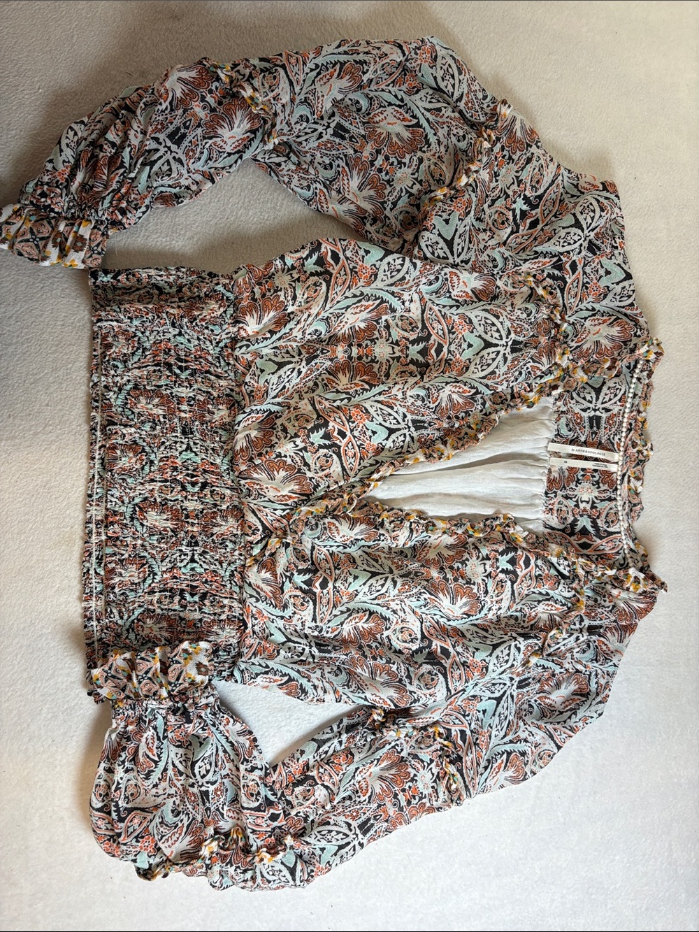 Anthropologie Paisley Print Smocked Waist Blouse - Mint, Rust & Black